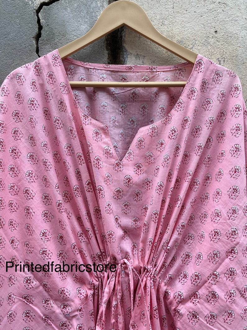 Indian Handmade Floral Cotton Kaftan,Women Dress Long Caftan,Dress Beach Cover up, Flower Hand Block Print Sleepwear Maxi Dress / image 2