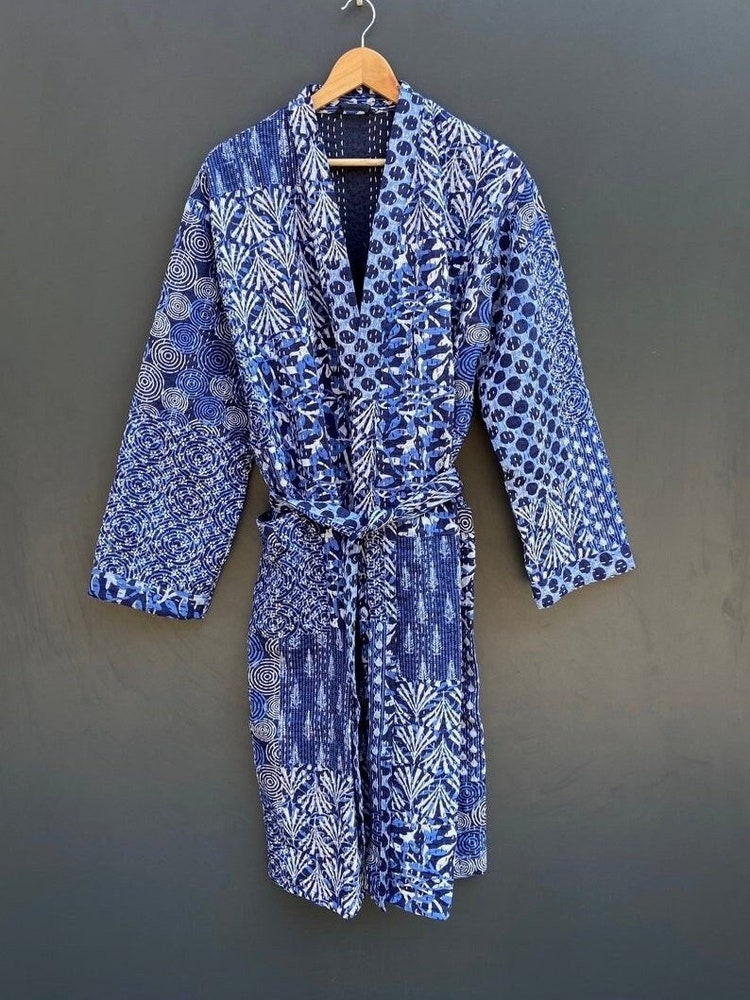 Blue Patchwork Japanese Kimono Jacket Style Kantha Quilted Bathrobe Winter  Gown
