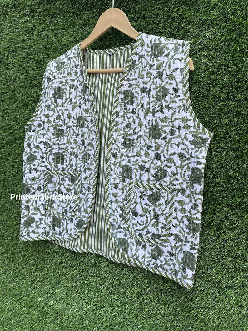 New Style Green Floral Cotton Waist Coat Short Jacket Cotton Partywear Short Waist Coat Quilted Jacket Fabric Jacket zdjęcie 5