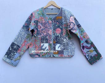 Veste matelassée en patchwork de coton fait main, manteau bohème réversible pour femme