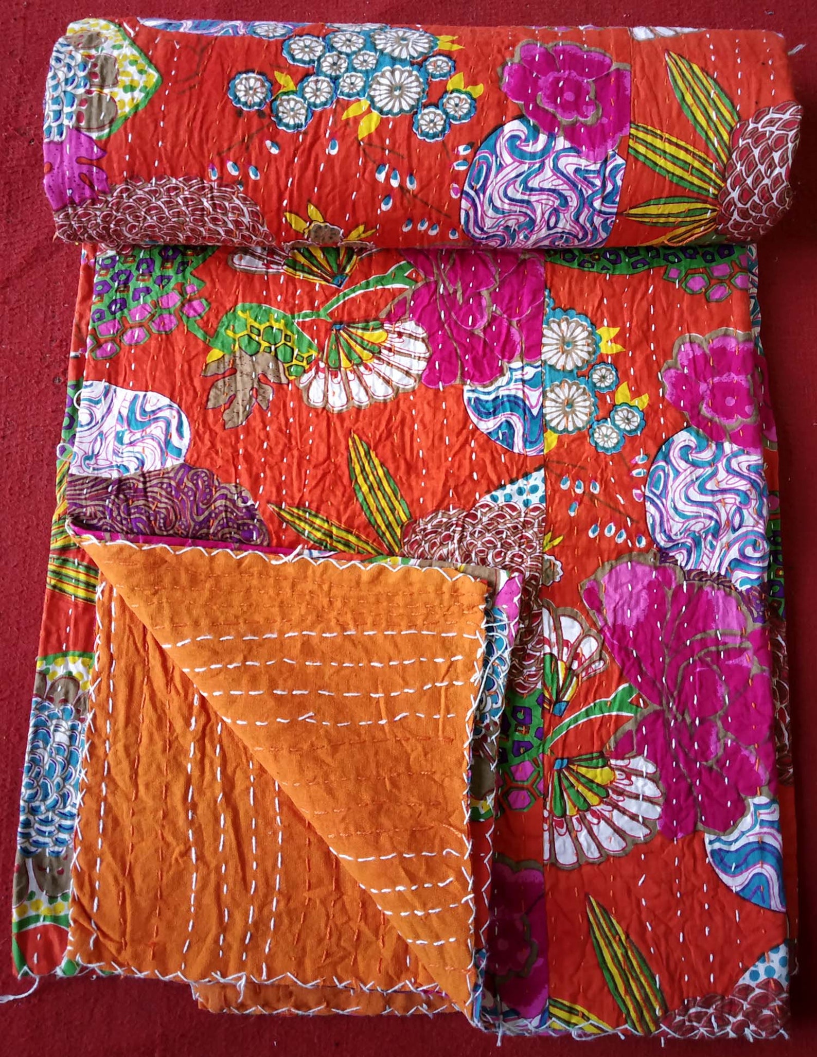 Red Kantha Quilt Kantha Bedding Fruit Print Kantha Blanket Etsy