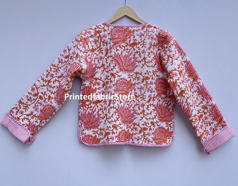 Pink Floral Quilted Jacket Hand Block Printed Holidays Gifts Button Closer Jacket For Women Gifts Boho Style Jackets Reversible Jacket image 5
