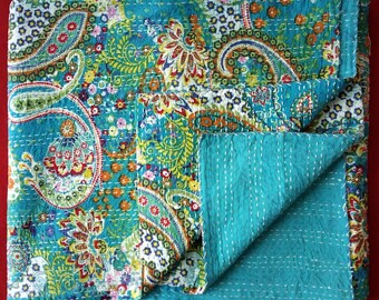 Edredón indio Kantha, bohemio, manta de algodón, colcha, tamaño Queen, 90 x 108 pulgadas