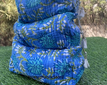 Blue Floral Print Cosmetic Bags, Quilted Cotton Toiletry Set, Travel Makeup Bag