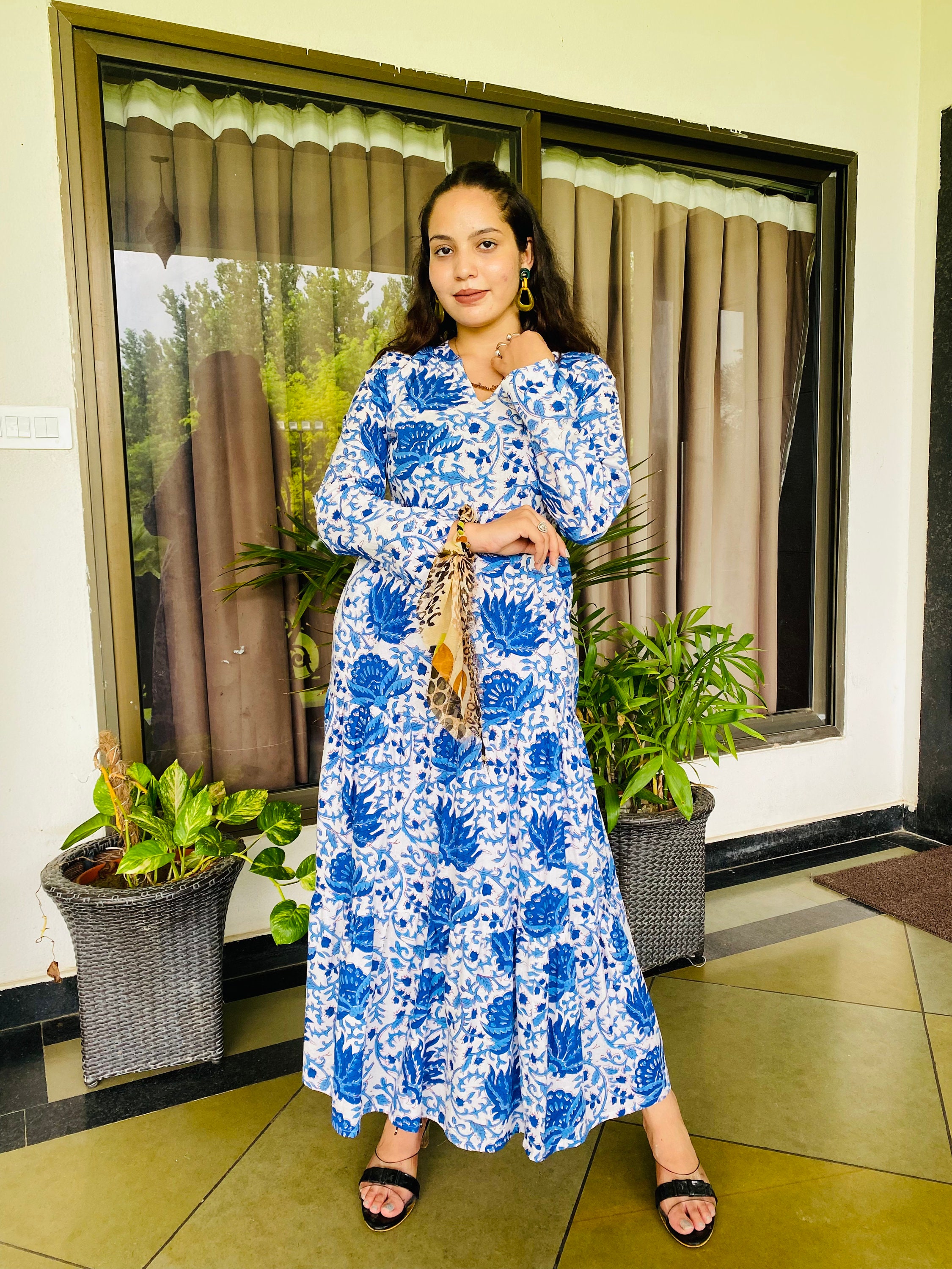 Indien Coton Caftan Imprimé Oiseau Long Vêtements De Nuit Maxi Robe Plus Taille
