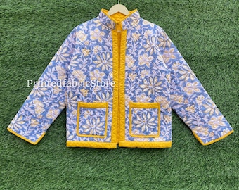 Indian Handmade Cotton Quilted Jacket, Block Print Reversible Coat