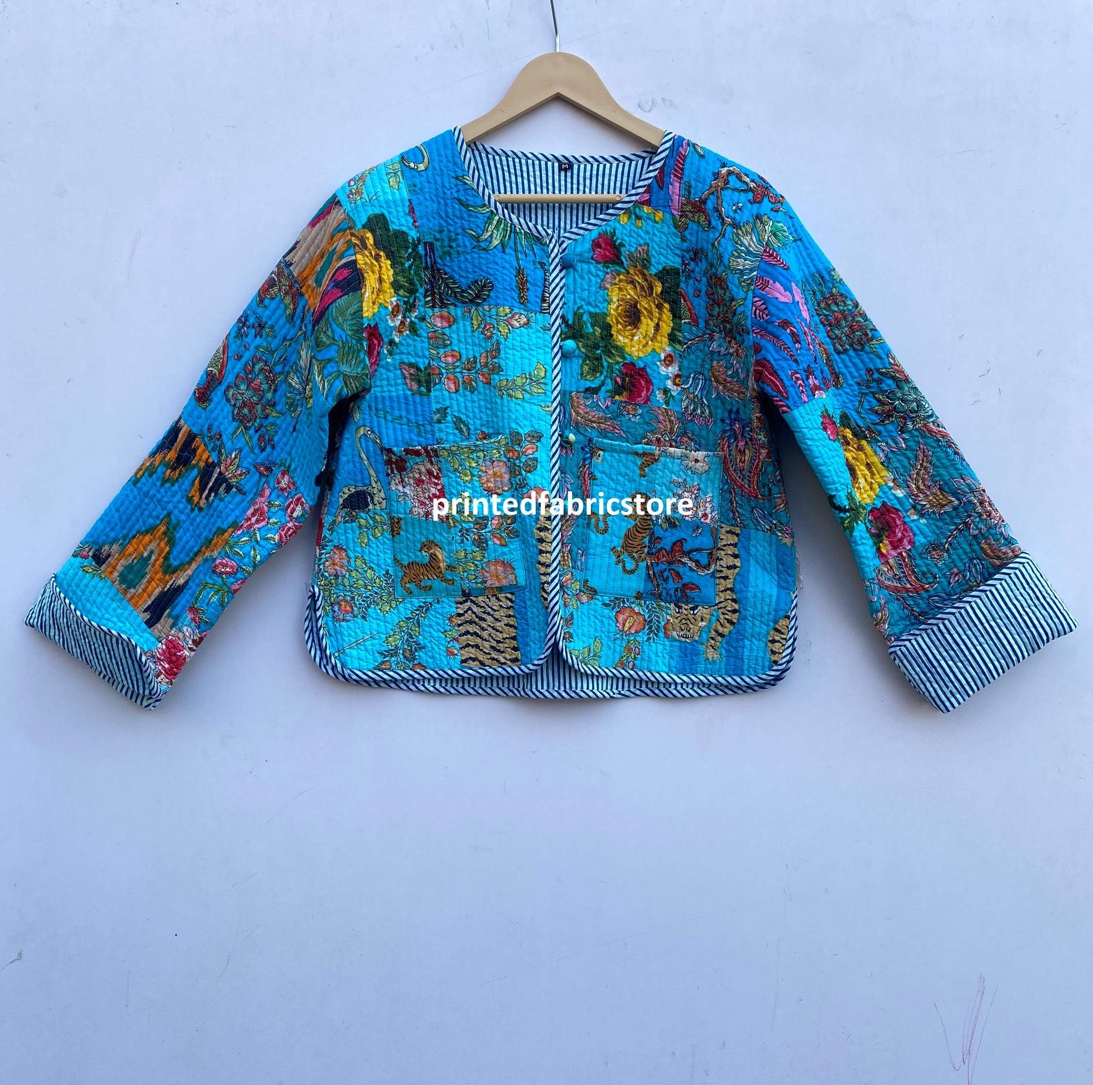 Hand Block Print Cotton Patchwork Jacket, Bohemian Quilted Bomber