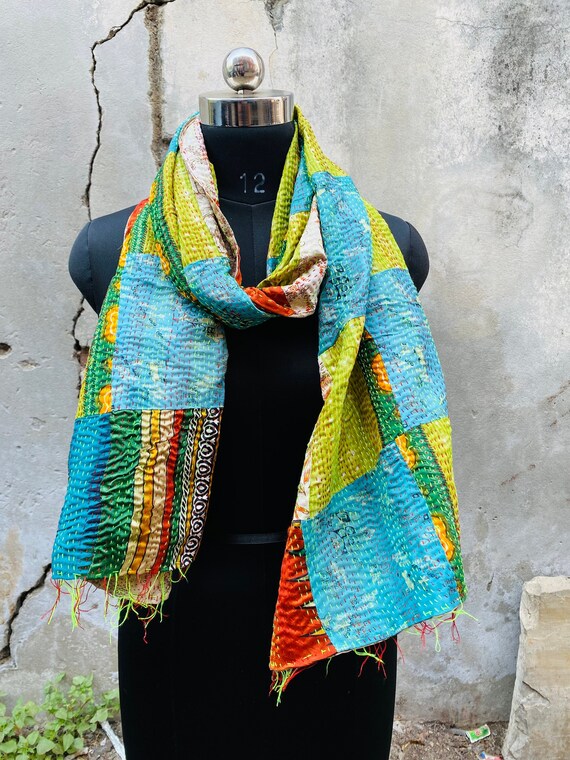 Handmade Silk Kantha Scarf, Reversible Boho Shawl - Etsy