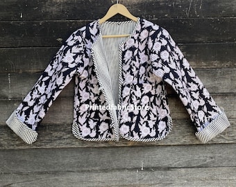 Handmade Reversible Cotton Quilted Jacket, Floral Block Print