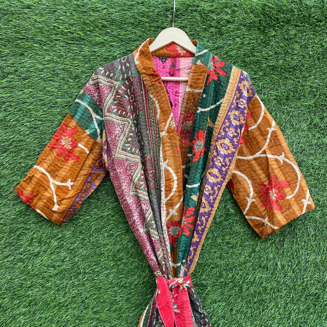 Kantha Robe Patchwork Vintage Kantha Kimono Robe Handmade Kantha Quilted Cotton ...