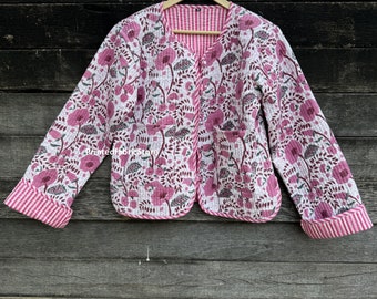 Giacca trapuntata da donna in cotone con stampa floreale a blocchi Giacca trapuntata fatta a mano stile Boho stampata a blocchi Giacca da cappotto per regali da donna