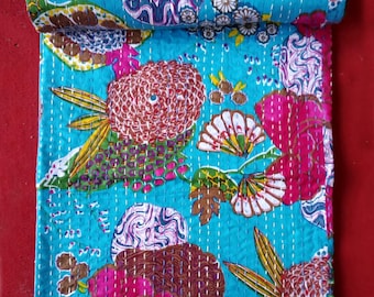 King Size Floral Kantha Quilt, Bohemian Cotton Bedspread