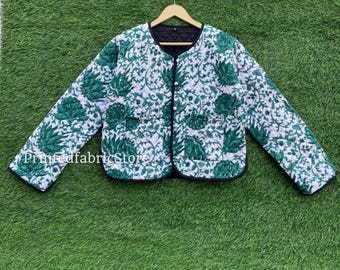 Green Flower Printed Cotton Quilted Jacket - Indian Handmade Hand Block Print Boho Coat