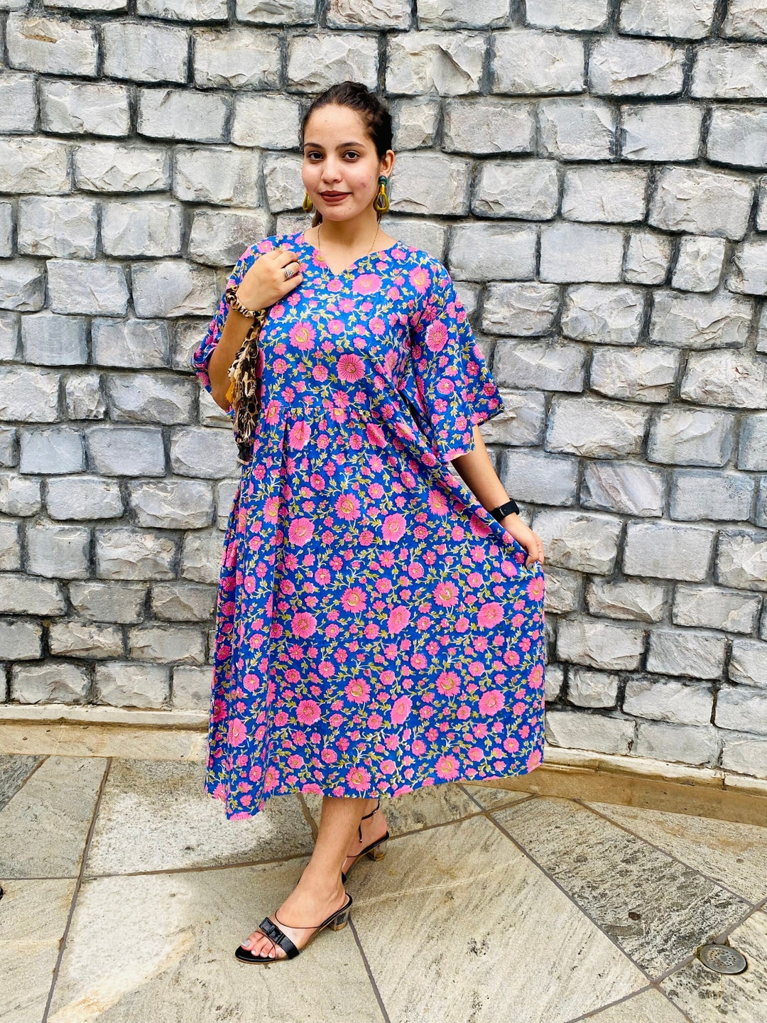 Blue Floral Cotton Dress, Hand Block Printed Short Summer Dress - Etsy Blue Floral Cotton Dress, Hand Block Printed Short Summer Dress - Etsy