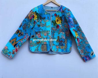 Hand Block Print Cotton Patchwork Jacket, Bohemian Quilted Bomber
