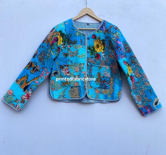 Hand Block Print Cotton Patchwork Jacket, Bohemian Quilted Bomber