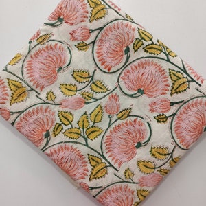 Tessuto stampato a mano, tessuto indiano con stampa floreale rosa e bianco - 100% cotone cambric - stampato a mano
