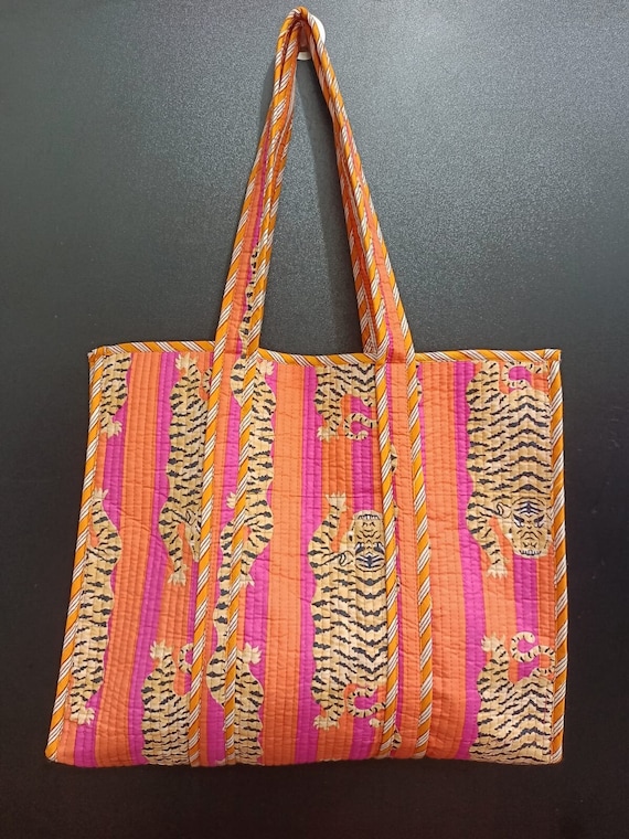 オレンジタイガーブロックプリントトートバッグ インド製ハンドメイド