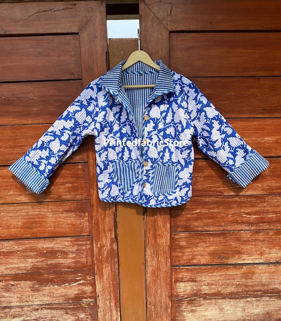 Indian Block Print Cotton Short Jacket, Handmade Quilted Coat