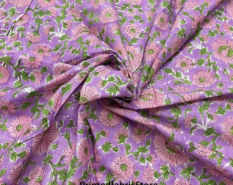 Floral Print Cotton Fabric, Indian Hand Block Print, 44" Wide
