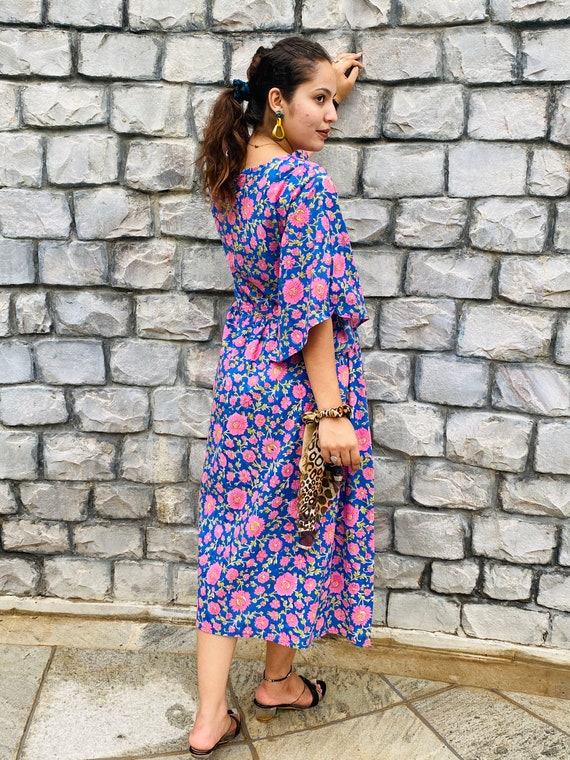 Blue Hand Block Printed Dress, Cotton Summer Dress,short Dress