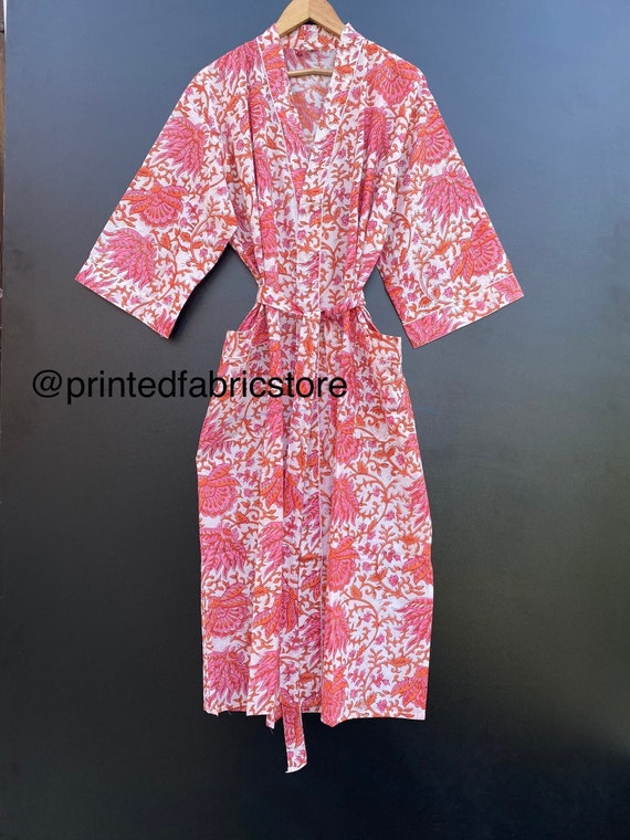 Beach Kimono Bathrobe Kimono Robe Block Print Dressing Gown Bridal Bridesmaid Getting Ready Robe LAST ONE Japanese Kimono Ankle Length
