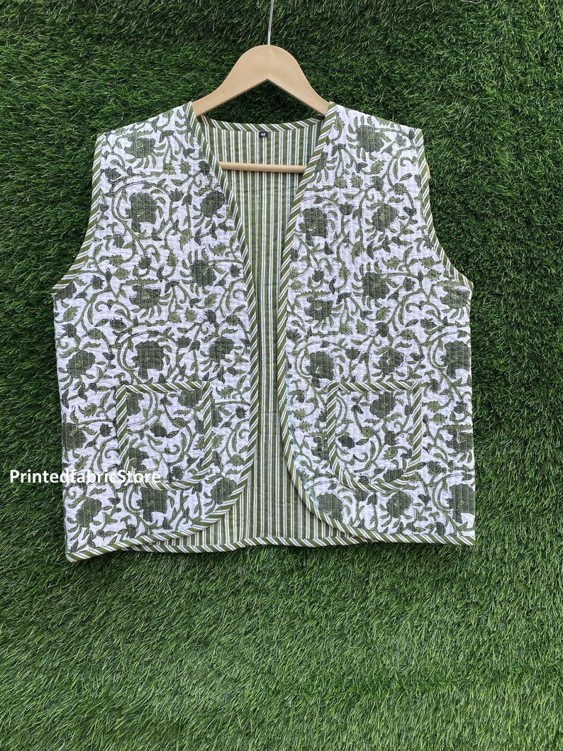 New Style Green Floral Cotton Waist Coat Short Jacket Cotton Partywear Short Waist Coat Quilted Jacket Fabric Jacket zdjęcie 2