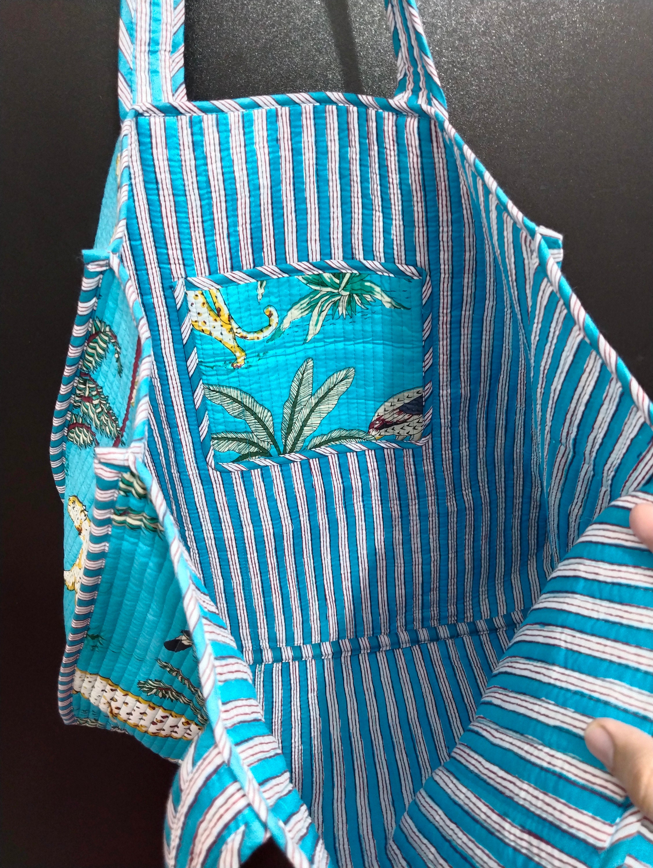 Block Print Cotton Quilted Tote Bag, Indian Handmade Travel 