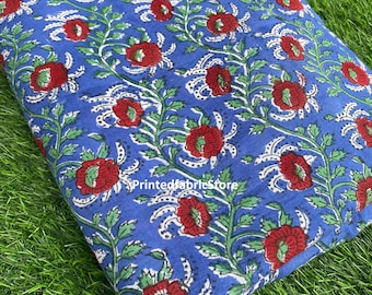 Blue Floral Cotton Fabric, Hand Block Print Fabric by the Yard