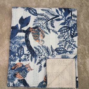 Indian Kantha Quilt Owl Bird Print Cotton Queen Bedspread Ethnic Vintage Throw Quilted Quilt (Blue) 90x108 Inch