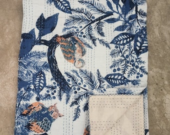 Edredón Kantha indio: estampado de búho, colcha de algodón tamaño queen