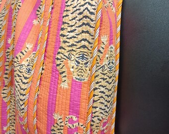 オレンジタイガーブロックプリントトートバッグ インド製ハンドメイド