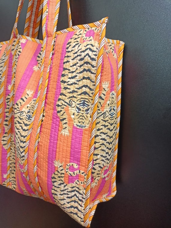 オレンジタイガーブロックプリントトートバッグ インド製ハンドメイド