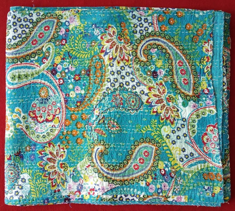 Indian Turquoise Kantha Quilt Bohemian Throw Blanket Quilt - Etsy