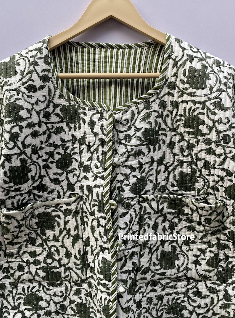 Baumwolle Damen Steppjacke Block Gedruckt Boho Style Gesteppte Handgefertigte Jacken Mantel Urlaub Geschenke Knopfverschluss Jacke Für Frauen Geschenke Bild 6