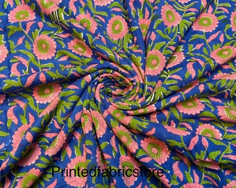 Hand Block Printed Cotton Fabric, Floral Sewing Fabric By The Yard
