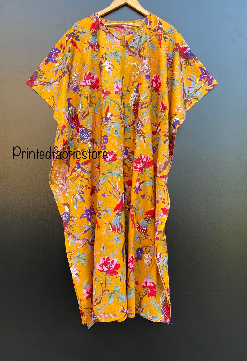 Paradise Bird Print Women Kaftan, 100% cotton light weight summer Kaftan, beach wear dress, long maxi Gown nightwear image 6