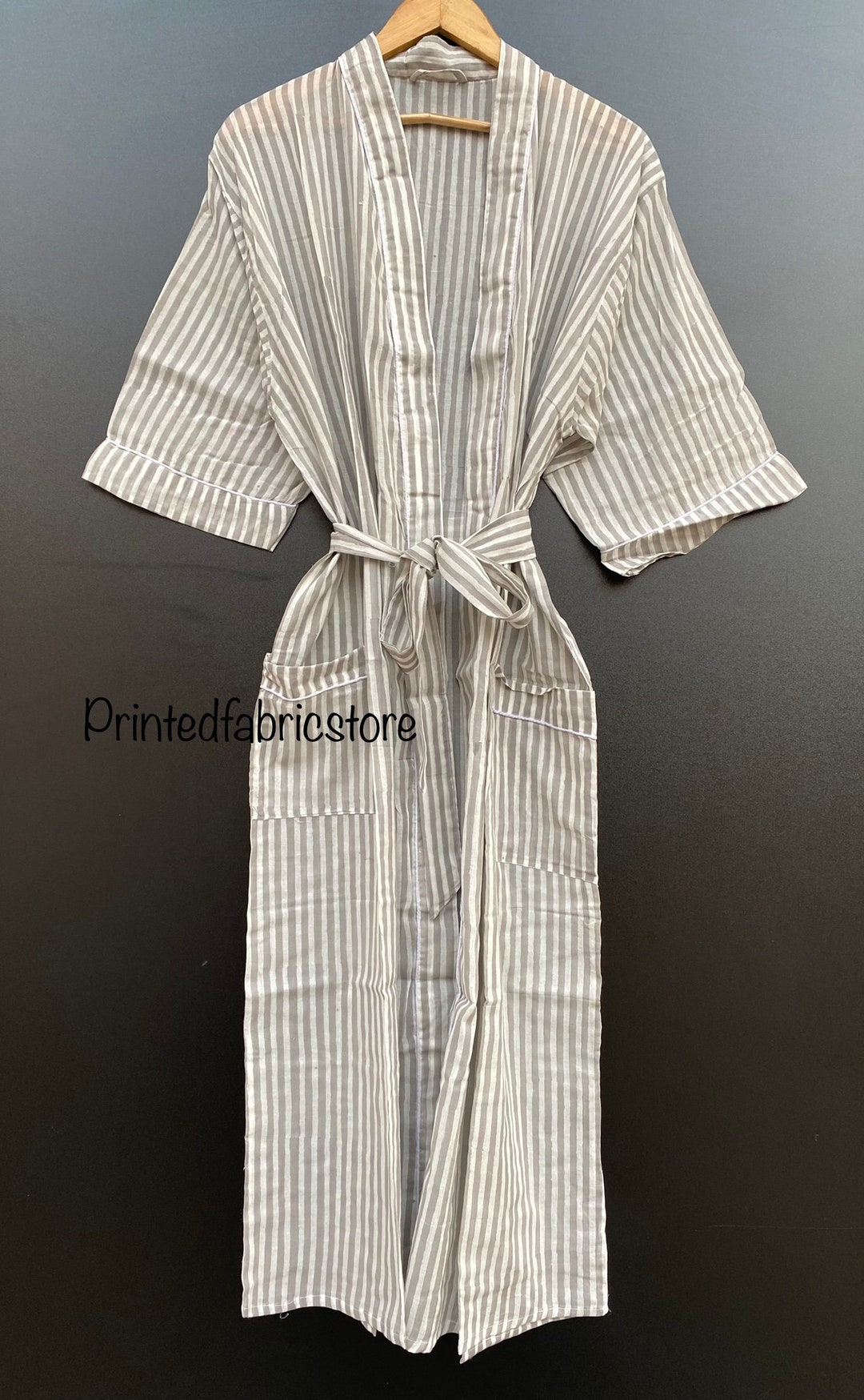 Grey Stripe Cotton Kimono Robe, Block Print Long Dressing Gown - Etsy