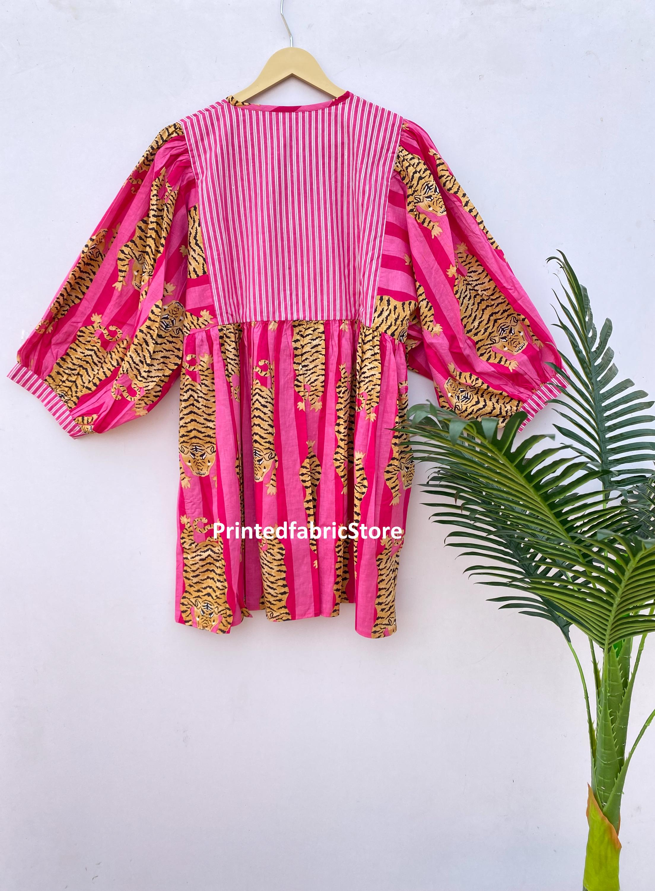 pink tiger print dress Cotton Pink Striped Tiger Print Maxi Gown, Long Dress Deep Neck Women's Clothing