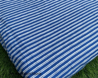 Blue Striped Block Print Cotton Fabric, Natural Dye Voile By Yard