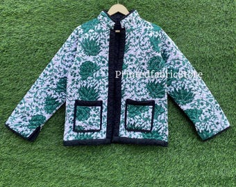 Green Flower Printed Cotton Quilted Jacket for Women Open Front Stand Collar Hand Block Print Jacket