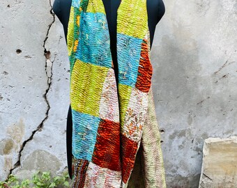 Foulard En Soie Kantha Matelassé Main - 35x80 Po (89x203 Cm) - Fait Main En Inde, Réversible