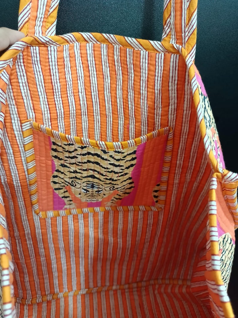 Sac fourre-tout orange tigre imprimé bloc sac fourre-tout indien fait main en coton sac fourre-tout pour femme sac à bandoulière matelassé imprimé bloc fait main image 4