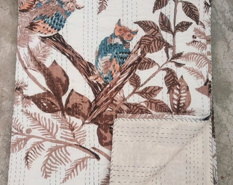 Owl Print Kantha Quilt - Handmade Indian Cotton Queen Bedspread