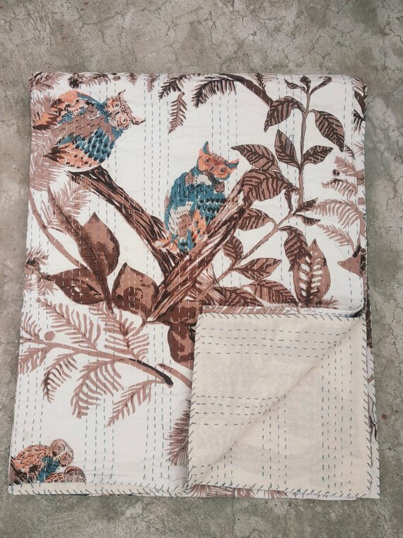 Couverture Indienne Quiltée Kantha Coton - Motif Hiboux Gris - 127x178 Cm - Art Déco