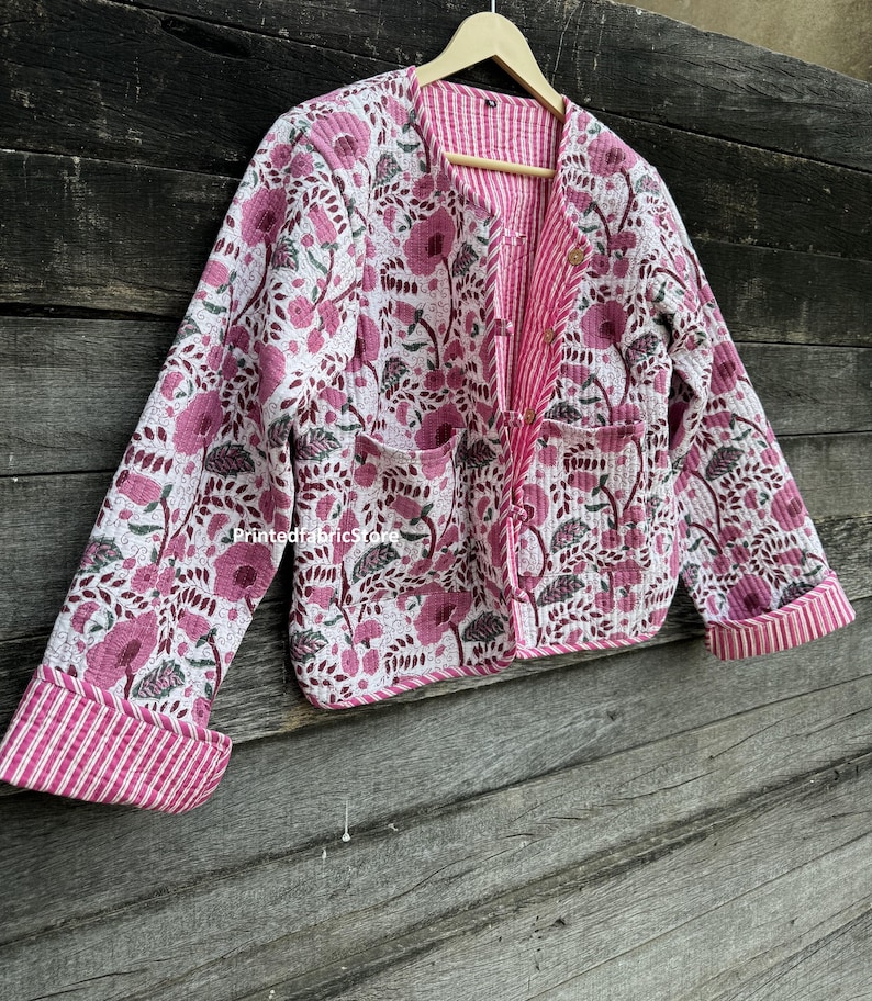 Giacca trapuntata da donna in cotone con stampa floreale a blocchi Giacca trapuntata fatta a mano stile Boho stampata a blocchi Giacca da cappotto per regali da donna immagine 5