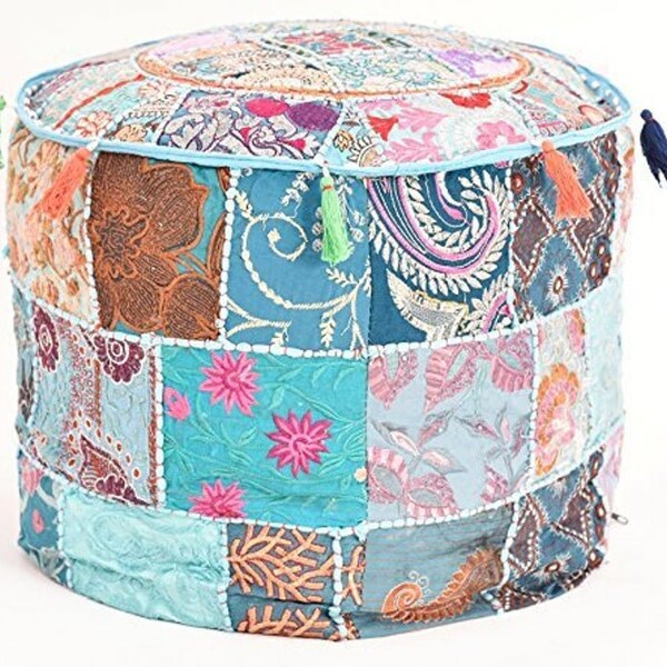 Vintage Handmade Embroidery Patchwork Ottoman Pouf Indian Old Khambodiya Cover Foot Stool Blue 14x22" Inch