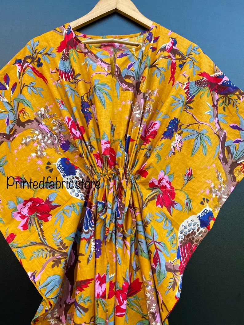 Paradise Bird Print Women Kaftan, 100% cotton light weight summer Kaftan, beach wear dress, long maxi Gown nightwear image 8