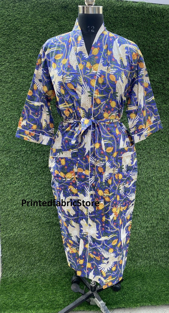 Kimono Long Coton Turquoise Imprimé Oiseau - Femme - Fait Main Inde