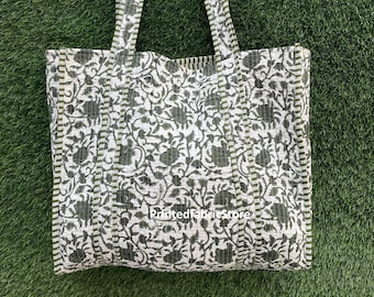 Block Print Cotton Quilted Tote Bag, Handmade Indian Shopping Bag